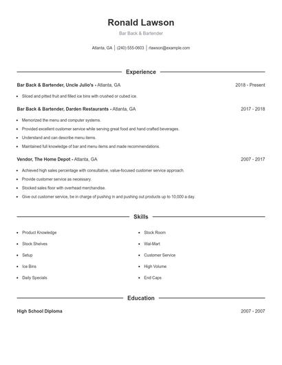 Bar Back & Bartender Resume