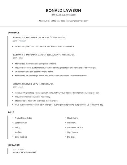 Bar Back & Bartender Resume