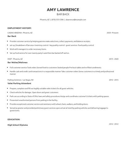 Bar Back Resume