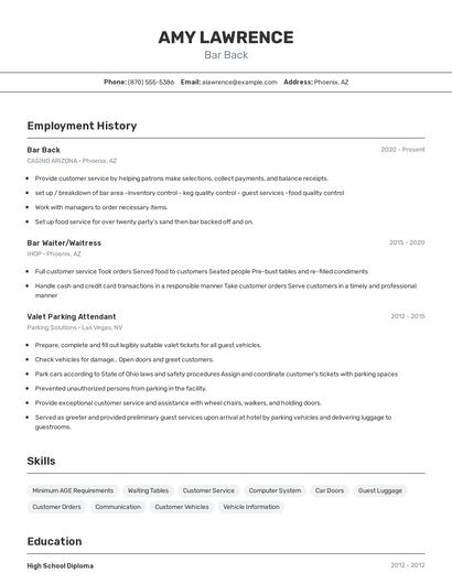 Bar Back Resume