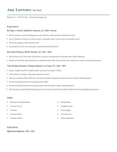 Bar Back Resume