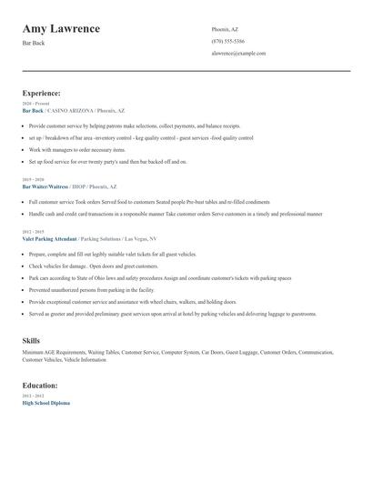 Bar Back Resume