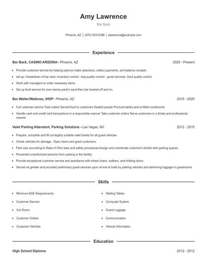 Bar Back Resume