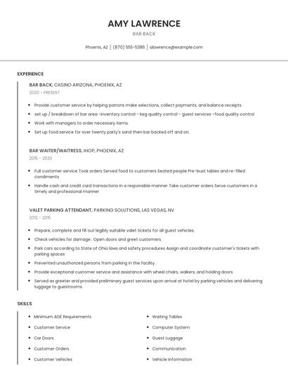 Bar Back Resume