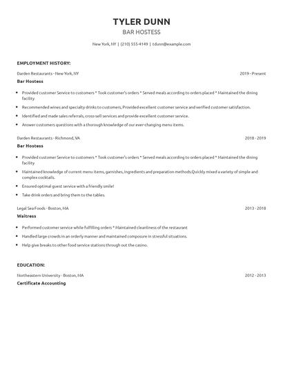 Bar Hostess Resume