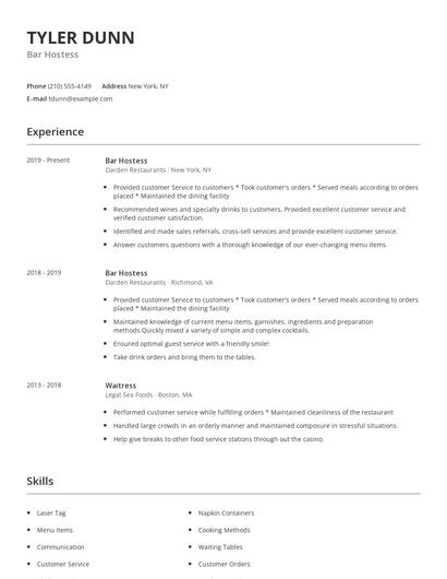 Bar Hostess Resume