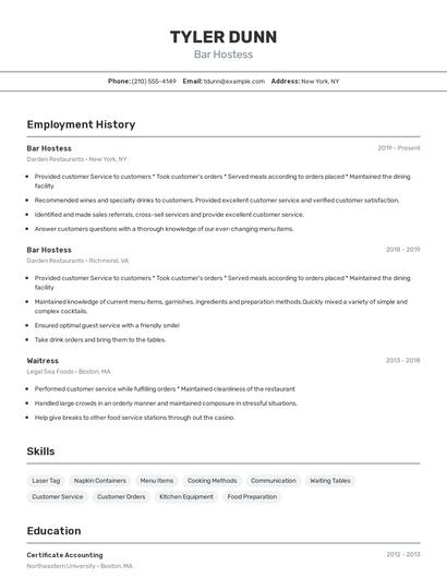 Bar Hostess Resume