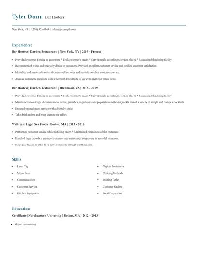 Bar Hostess Resume