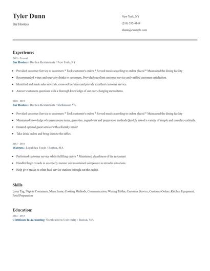 Bar Hostess Resume