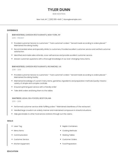 Bar Hostess Resume