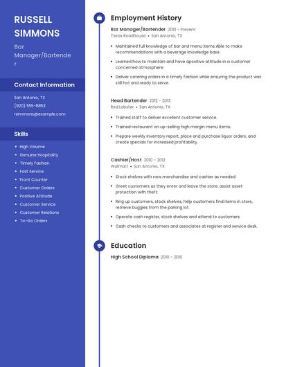 Bar Manager/Bartender Resume