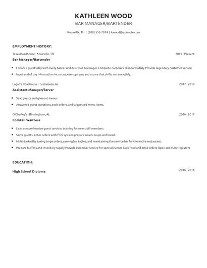 Bar Manager/Bartender Resume