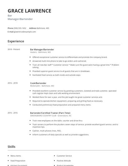Bar Manager/Bartender Resume