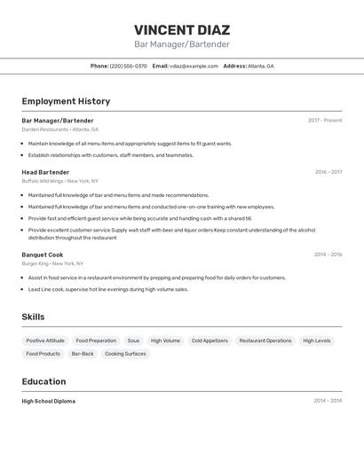 Bar Manager/Bartender Resume