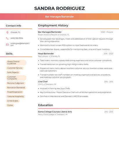 Bar Manager/Bartender Resume