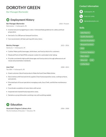 Bar Manager/Bartender Resume