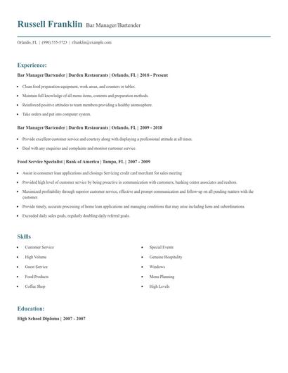 Bar Manager/Bartender Resume