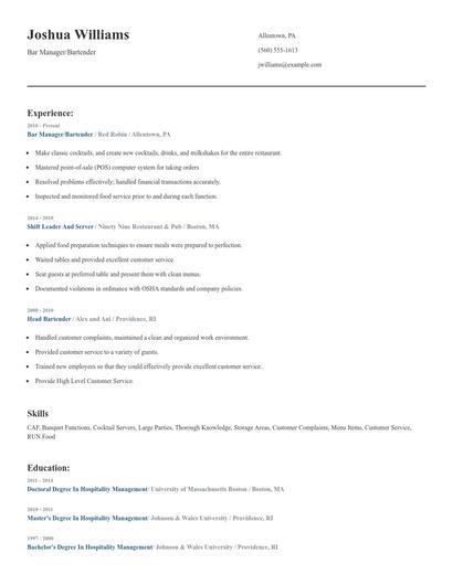 Bar Manager/Bartender Resume