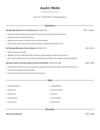 Bar Manager/Bartender Resume