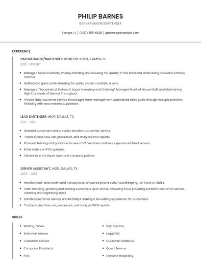 Bar Manager/Bartender Resume