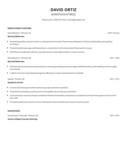 Barista/Waitress Resume
