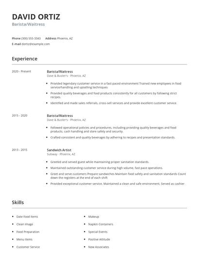 Barista/Waitress Resume