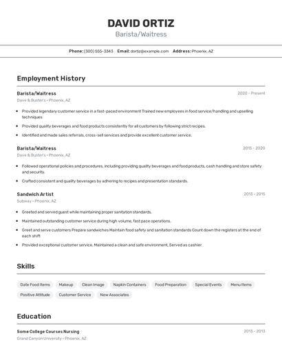 Barista/Waitress Resume
