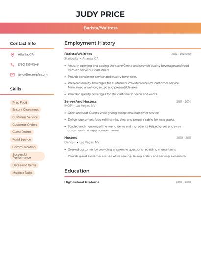 Barista/Waitress Resume