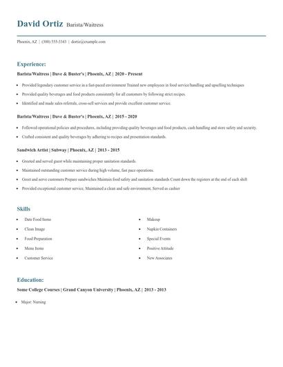 Barista/Waitress Resume