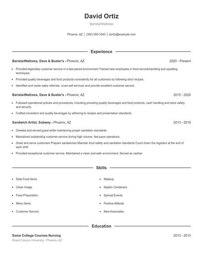 Barista/Waitress Resume