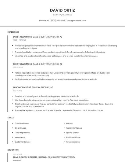 Barista/Waitress Resume