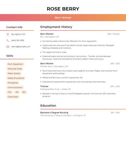 Barn Worker Resume