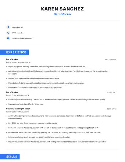 Barn Worker Resume