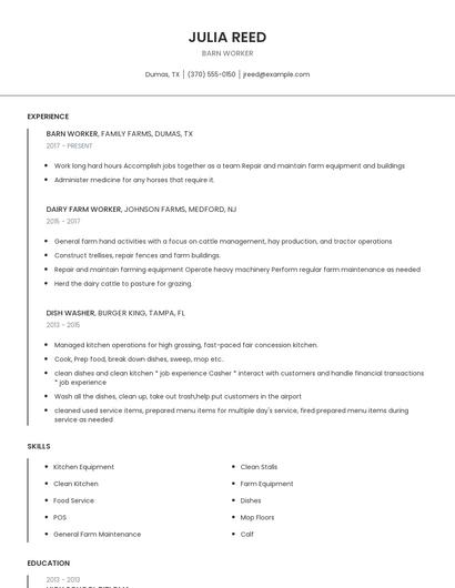 Barn Worker Resume