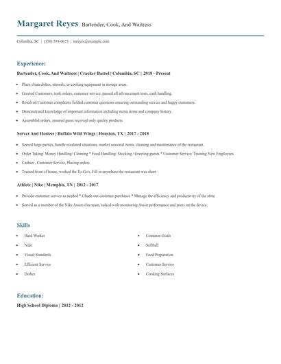 Bartender, Cook, And Waitress Resume