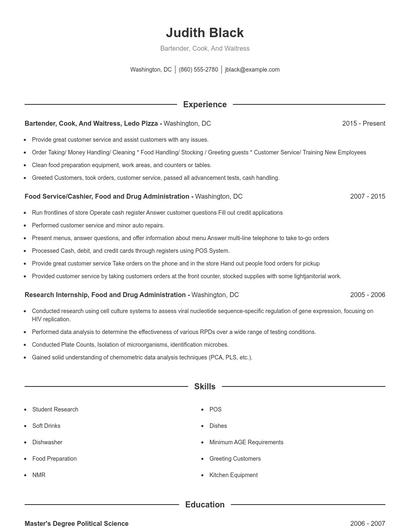 Bartender, Cook, And Waitress Resume