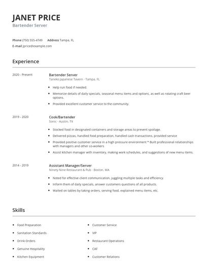 Bartender Server Resume