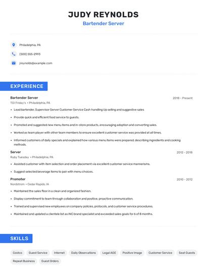 Bartender Server Resume
