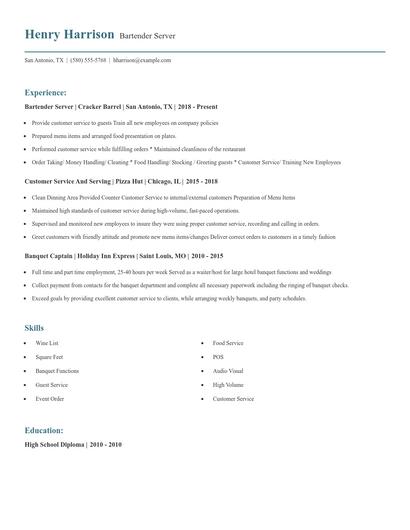 Bartender Server Resume