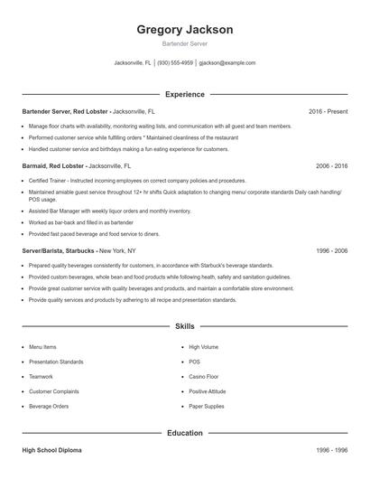 Bartender Server Resume