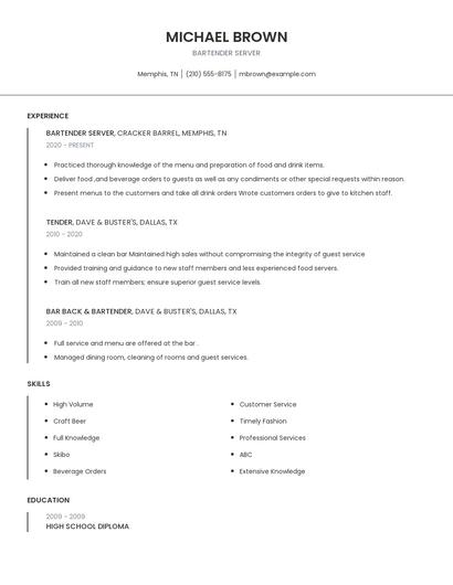 Bartender Server Resume