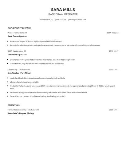 Base Draw Operator Resume