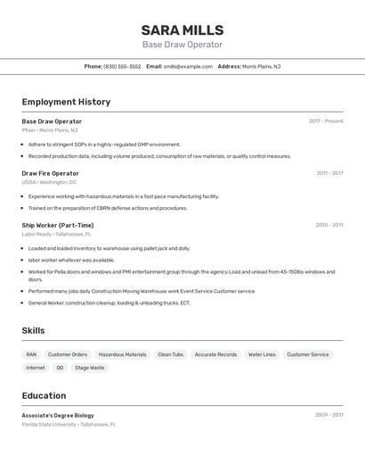 Base Draw Operator Resume