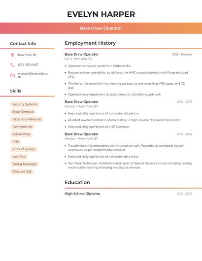 Base Draw Operator Resume