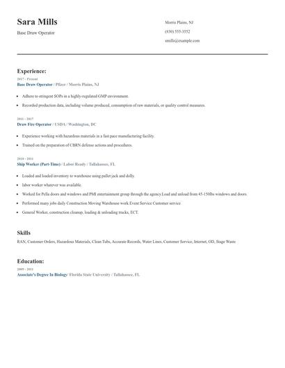Base Draw Operator Resume