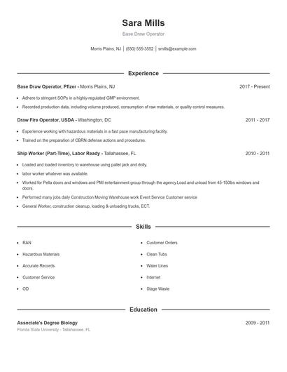 Base Draw Operator Resume
