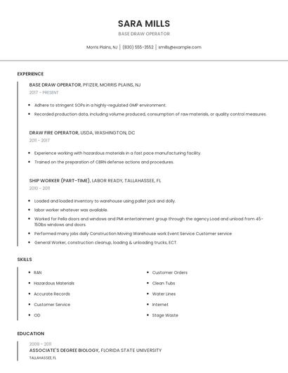 Base Draw Operator Resume