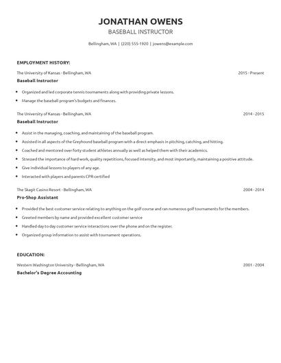 Baseball Instructor Resume