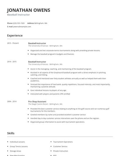 Baseball Instructor Resume