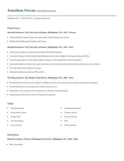 Baseball Instructor Resume
